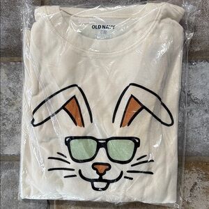 Old Navy Cream Tee with Bunny and striped pants pajamas